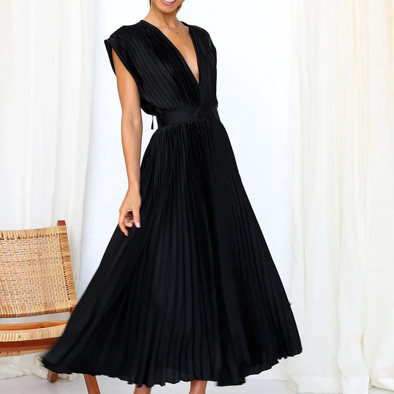 Sarah™ - Pleated V-Neck Maxi Dress