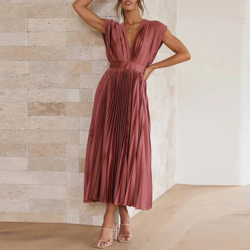 Sarah™ - Pleated V-Neck Maxi Dress